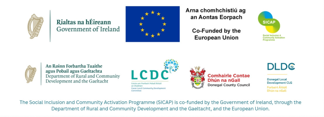 Government of Ireland, European Union, SICAP, Department of Rural and Community Development and the Gaeltacht, LCDC, Donegal County Council and DLDC logos